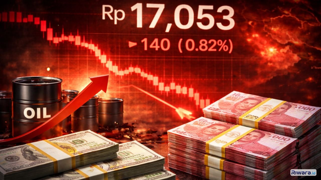 Ilustrasi nilai tukar rupiah terhadap dolar AS yang melemah ke level Rp17.053, dipicu lonjakan harga minyak dunia dan terganggunya distribusi energi global di Selat Hormuz